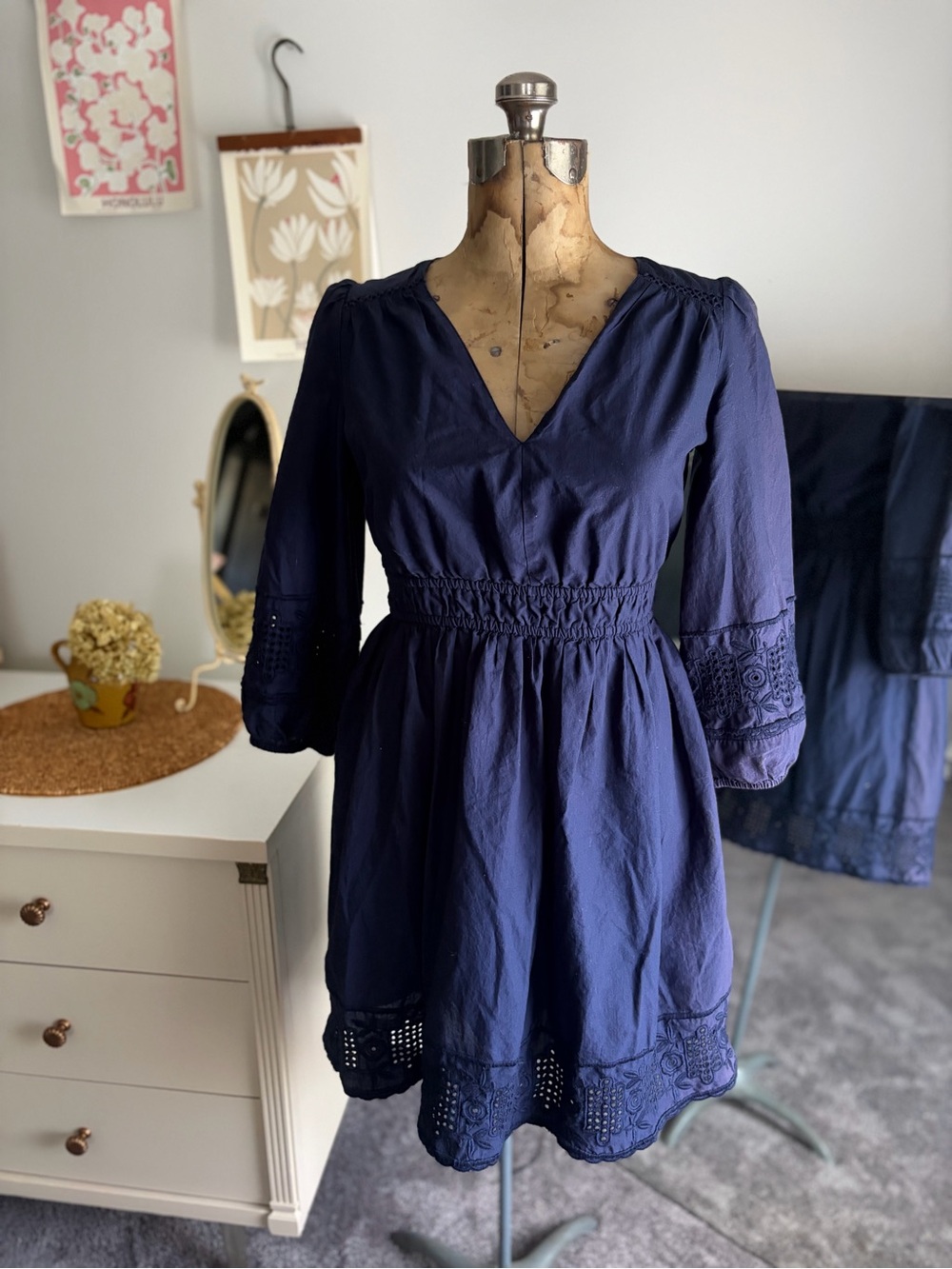 100%Cotton Navy Blue V-Neck Smocked Waist Eyelet Dress